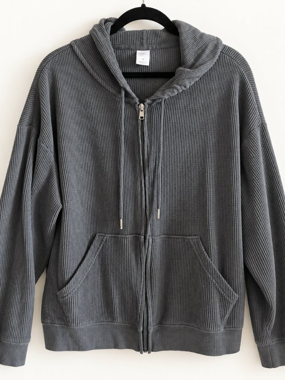 Auden Waffle Knit Full Zip Hoodie 1X Charcoal Gray Plus Size Thermal Sweatshirt